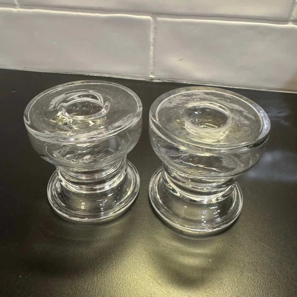 Hand Blown Glass Candle Holders Set of 2 Clear Heavy Ribbed Artisan 3.5in